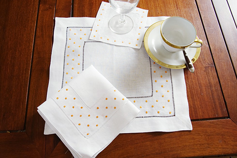 Square Linen Napkin. Orange Swiss Polka Dots. Hemstitch. 14". - Click Image to Close